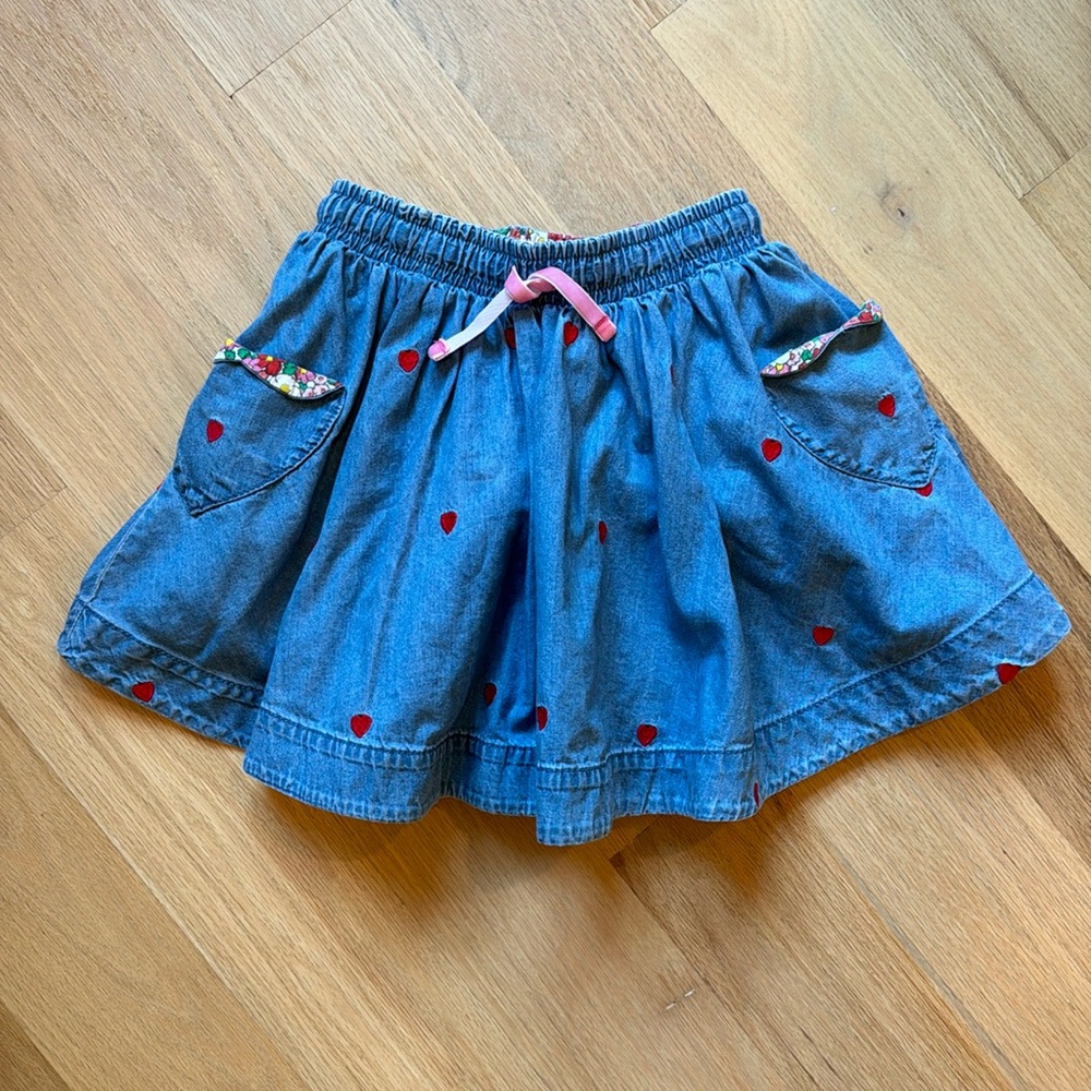 Mini Boden denim twirl skirt in hearts